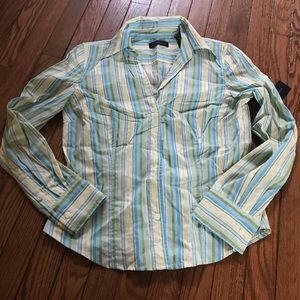 Blue, yellow, and green striped button down